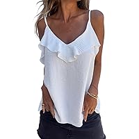 MLEBR Womens Casual Summer Straps Ruffle V Neck Cami Shirts Sleeveless Tanks Tops Blouses Tops Camisole
