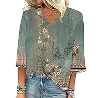 3/4 Sleeve Tops for Women Relaxed Fit V Neck Blouses Loose Fit Floral Printed Shirts Henley Dressy Tshirts