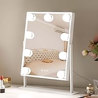 Vanity Mirror with Lights Hollywood Lighted Makeup Mirror with 9 Dimmable Bulbs & 3 Color Lighting Modes, Detachable 10X Magnification Mirror and 360 Degree Rotation(White)