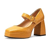 Womens Platform Mary Jane Pumps Chunky High Heel Square Closed Toe Dance Shoes with Buckle Evening Party