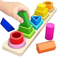 PEBIRA Montessori Toys for 1 2 3 Year Old Boys Girls Toddlers, Heightened Peg-free Wooden Stacking Toys, Shape Sorter Learning Toys, Preschool Toy Birthday Gift for Baby Kid Age 1-4, Various Game Play