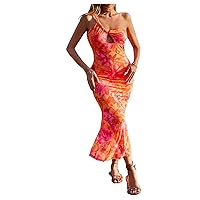WDIRARA Women's Hollow Out One Shoulder Fish Tail Hem Dress Floral Bodycon Dresses