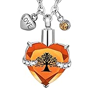 Life Tree in Heart Birthstone Urn Necklace for Ashes Memorial Keepsake Stainless Steel Cremation Jewelry