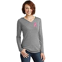 Breast Cancer Survivor Ribbon Patch Chest Print Womens Long Sleeve Lightweight Hoodie