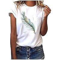 Womens Summer Tops Vintage Retro Feather Graphic Tee Casual Short Sleeve T-Shirt Crewneck Loose Fit Tunic Blouse