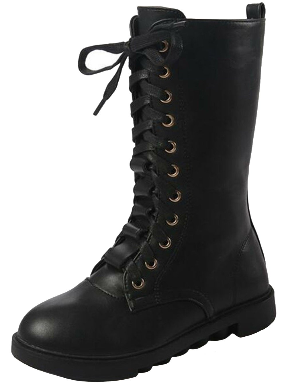 PPXID Kid's Girl's Waterproof Leather Lace-Up Zipper Mid Calf Combat Boots Outdoor Riding Boots