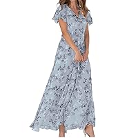 Women's Summer Short Sleeve Flowy Floral Midi Dress Holiday Vacation Casual Loose Fit Back Zipper Sundress