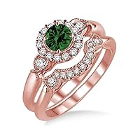 1.25 Carat Emerald & Diamond Antique Three Stone Flower Halo Bridal Set in 10k Rose Gold affordable emerald and diamond engagement ring