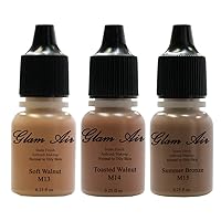 Set of Three (3) Airbrush Makeup Foundations Matte M13 Soft Walnut, M14 Toasted Walnut, M15 Summer Bronze Water-based Makeup Long Lasting All Day Without Smearing Running, Fading or Caking 0.25 Oz Bottle By Glam Air