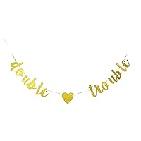 Double Trouble Gold Glitter Banner for Twins Baby Shower Party Sign, Baby Twins' Birthday Party Pregnancy Announcement Party Photo Props Decoration
