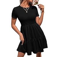 Ruffle Hem Solid Dress (Color : Black, Size : X-Large)