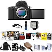 Sony ZV-E1 Full Frame Mirrorless Vlog Camera, Black - Bundle w/Shoulder Bag, 128GB SD Card, Extra Battery, Charger, Cleaning Kit, Corel Mac & PC Software Kit, Screen Protector, Strap, LED Light, Mic