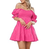 Women's 2024 Summer Puff Sleeve Ruffle Short Dress Off The Shoulder A Line Short Babydoll Dresses Sexy Casual Mini Dress