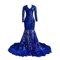 Engerla Long Sleeves Sequins Mermaid Evening Dress V Neck Prom Dress Celebrity Party Gowns Feather Train
