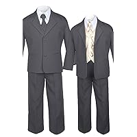7pc Formal Boys Dark Gray Suits Extra Champagne Vest Necktie Sets S-20 (16)