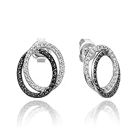 Diamond Stud Earrings Solid 14k White Gold Natural White and Black Diamond Pave Set 0.34 Carat
