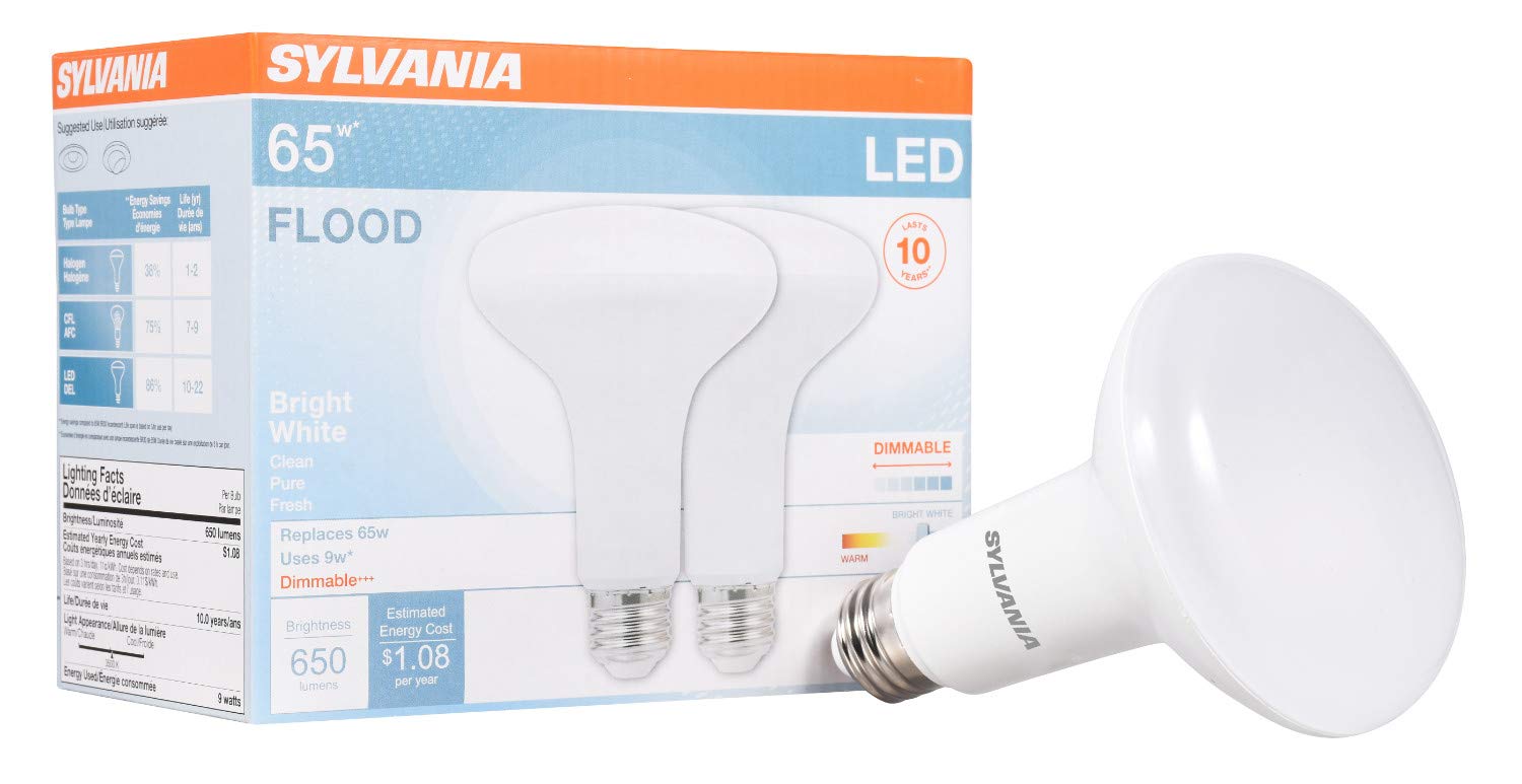 SYLVANIA LED Flood Light Bulb, BR30, 65W Equivalent, Efficient 9W, Dimmable, 10 Year, 650 Lumens, 3500K, Bright White - 2 Pack (78029)