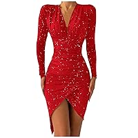 Women Sexy Sequin Dresses Long Sleeve Sparkly Glitter Ruched Bodycon Dress Party Night Out Club Dresses