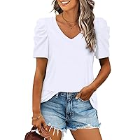 XIEERDUO Womens Summer Shirt V Neck Casual Tshirts Puff Sleeve Tops for Women Solid Color XS-3XL