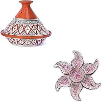 Kamsah Supreme Red Tagine and Star Serving Platter Bundle | Moroccan Ceramic Pots and Plate Set For Cooking and Serve Ware (Large Tagine, Appetizer Tray) | Handmade and Hand Painted