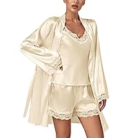 LYANER Women's 3pcs Sleepwear Silk Satin V Neck Lace Trim Cami Top and Shorts Pajama Set with Robe