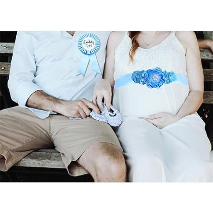 TTCOROCK Sky Blue Maternity Sash & Daddy to be Corsage Set - Baby Shower Sash Baby Boy Pregnancy Sash Keepsake Baby Shower Flower Belly Belt