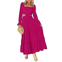 MEROKEETY Women's 2024 Long Sleeve Cutout Maxi Dress Square Neck Crossover Waist Ruffle Tiered Casual Party Dress