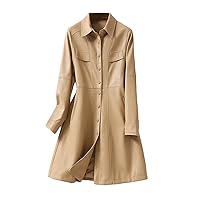 Midi-Length Real Leather Trench Coat Women Casual Sheepskin Long Sleeve Covered Button Leather Outwear