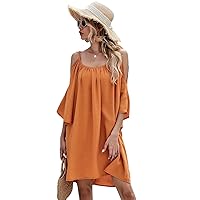 Summer Women's Casual Dress, Loose Flared Sleeves Leaky Shoulder Sexy Short Skirt, European and American Style