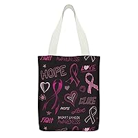 Hope Ribbon Breast Cancer Awareness Cute Canvas Tote Bag with Interior Pocket Shopping Cloth Bags Beach Grocery Handbag
