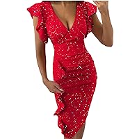 Women's Swing V-Neck Trendy Glamorous Dress Print Casual Loose-Fitting Summer Sleeveless Knee Length Flowy Beach Red