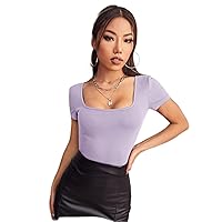 Women's T-Shirt Square Neck Rib-Knit Form Fitted Tee T-Shirt for Women