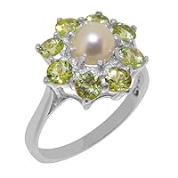 Solid 925 Sterling Silver Cultured Pearl & Peridot Womens Cluster Ring - Sizes 4 to 12 Available