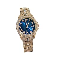 Men's Round Rose Gold Blue Arabic Numbers Dial Wrist Watch Band Luxury CZ Diamond Iced Bracelet Watch Roman Numeric Dial Watch for Men Women Hip Hop Rapper Choice, Iced Watch Custom Fit, Bust Down