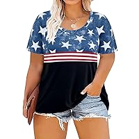 RITERA Plus Size Shirts for Women 2X Short Sleeve Shirt Blue Star Print Red Striped Tops Color Block Tunics Summer Casual Blouses Star - Red Striped 2XL