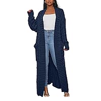 LAJIOJIO Long Cardigan Sweaters for Women Plus Size Open Front Cable Knit Chunky Waffle Shawl Collar Knitwear Coat with Pockets