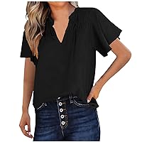 Summer Tops for Women 2024 Casual V Neck Solid Smocked Blouses Basic Puff Short Sleeve Bohemian Loose Shirts