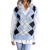chouyatou Women's Loose V-Neck Preppy Style Argyle Plaid Knitted Sweater Vest
