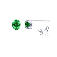 Sterling Silver Rhodium 6x4mm Oval Created Green Emerald May Birthstone Stud Earrings