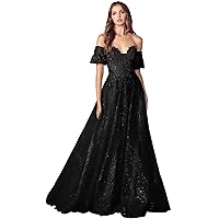 Puff-Sleeve Strapless Glitter Prom Ball Gown Applique Formal Dress for Women