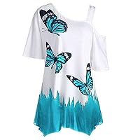 Butterfly Print t-Shirt Shirts for Women 2023 Trendy Summer Cold Shoulder Tunic Tops Casual Loose Fit Blouse