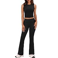 XIEERDUO Lounge Sets For Women 2 Piece Casual Y2K Outfits Sleeveless Cropped Tank Top Fold Over Flare Pants Set Tracksuits