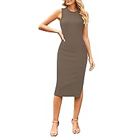 Pink Queen Women's Crewneck Sleeveless Tank Bodycon Ribbed Knit Side Sit Knee Length Pencil Midi Dresses