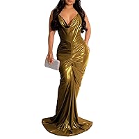 Womens Sexy Sleeveless Cowl Neck Lace Up Satin Ruffles Ruched Bodycon Party Clubwear Prom Dress