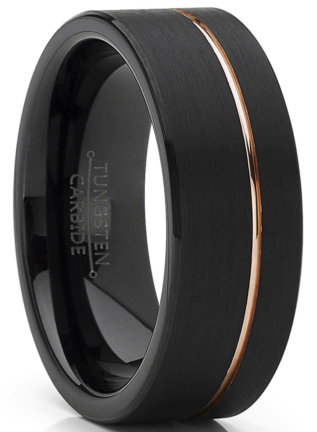 Metal Masters Co. Men's Black Tungsten Carbide Ring Wedding Band with Rose Goldtone Groove 8mm