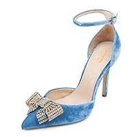 XYD Women Pointed Toe Velvet Pumps with Sparkling Rhinestone Bowknot Stiletto Heels Ankle Strap D'Orsay Wedding Event Shoes
