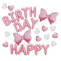 Happy Birthday Pink Bow foil Balloons, 32inch Pink Heart Bow Sweet Birthday Mylar Balloons for Girl Baby Shower Birth Party Decoration