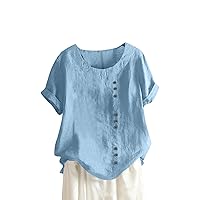 Linen Shirts for Women Round Neck Vintage Cotton and Hemp Solid Button Short Sleeve T-Shirt Top