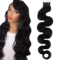 30inch Long Wavy Tape in Human Hair Extension Body Wave Brazilian Skin Weft Tape Hair Natural Black Adhesive Tape on Hair Extension 100g 40pcs (30inch 100grams 40Pcs, #Natural Black)
