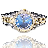 Men's Round Gold Silver 2 Tone Blue Arabic Dial Wrist Watch Band Luxury Baguette CZ Diamond Iced Bracelet Watch Roman Numeric Dial Watch Men Women Hip Hop Rapper Choice, Custom Fit, Bust Down Watch